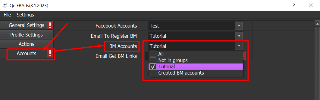 Facebook tool - choose BM accounts group