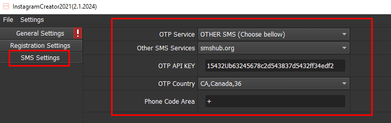 SMS settings - register IG accounts with phone
