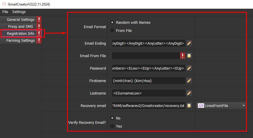 Cài đặt thông tin tool Gmail Creator