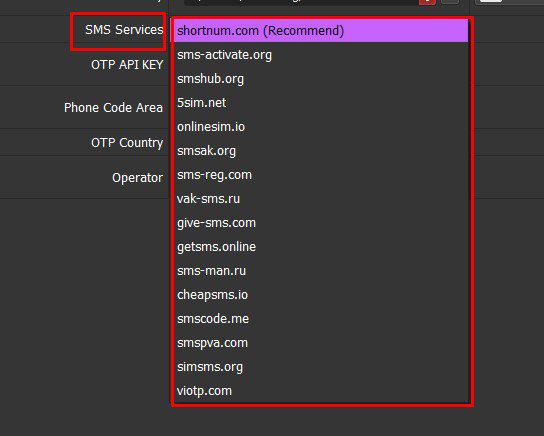 Chọn website thuê sim trong tool tạo nick Facebook