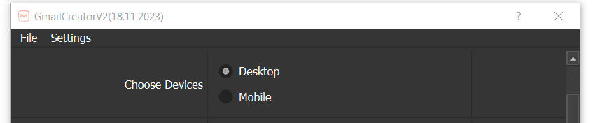 GmailCreator tool - Choose Device desktop