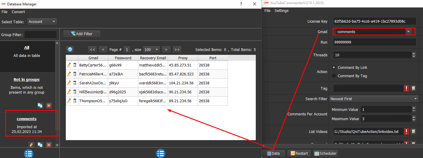 Database Manager - gmail accounts to do Youtube comments