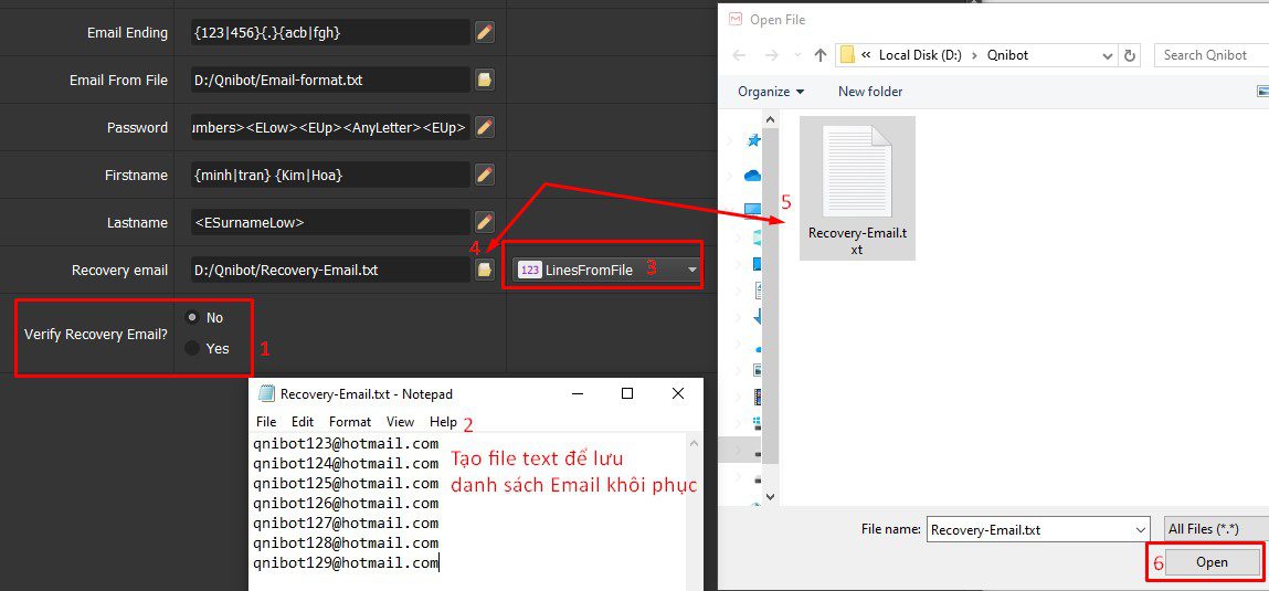 Tạo và dẫn file email khôi phục vào tool Gmail Creator