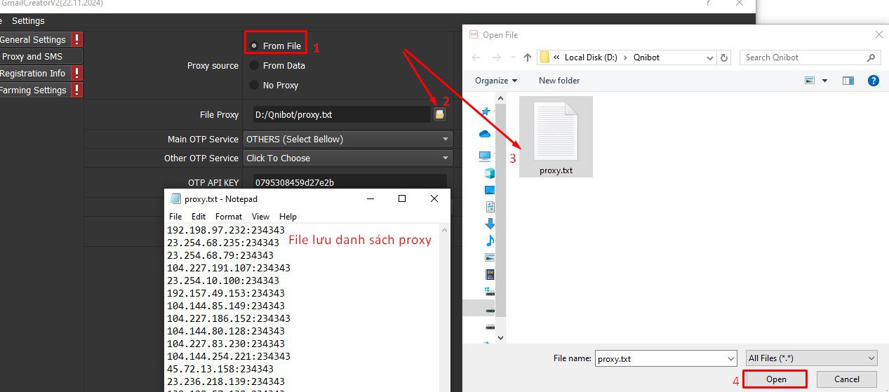 Dẫn file proxy vào tool gmail creator