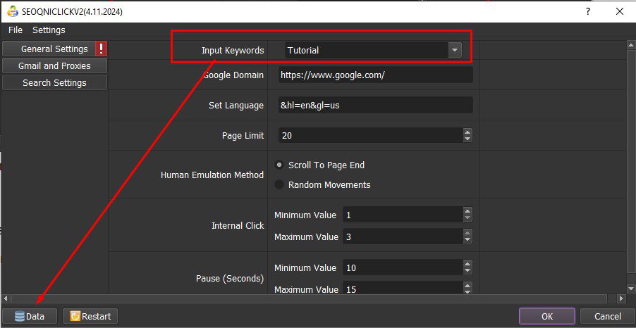 Nhấn vào Data để nhập thông tin vào phần mềm SEO tốt nhất