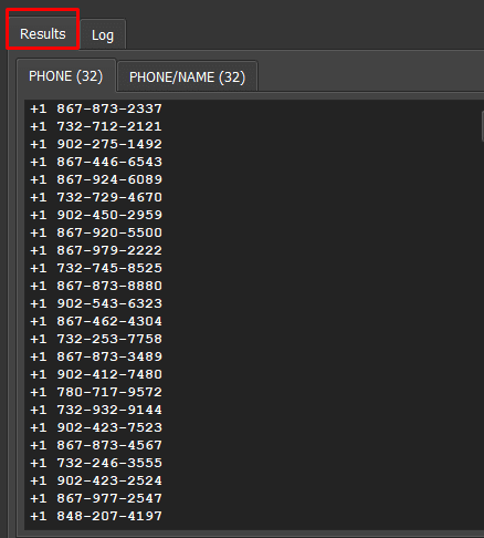 results after scraping phone numbers