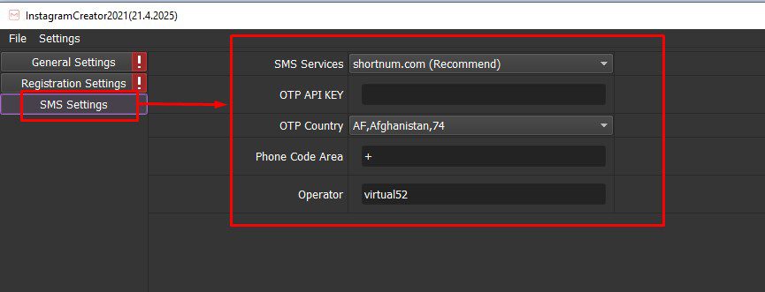 SMS Setting - Tool tạo nick Instagram