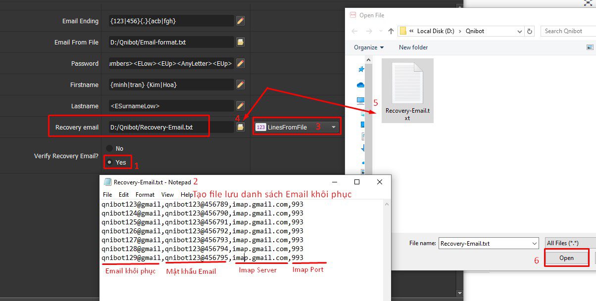 Tạo và dẫn file email khôi phục vào tool Gmail Creator