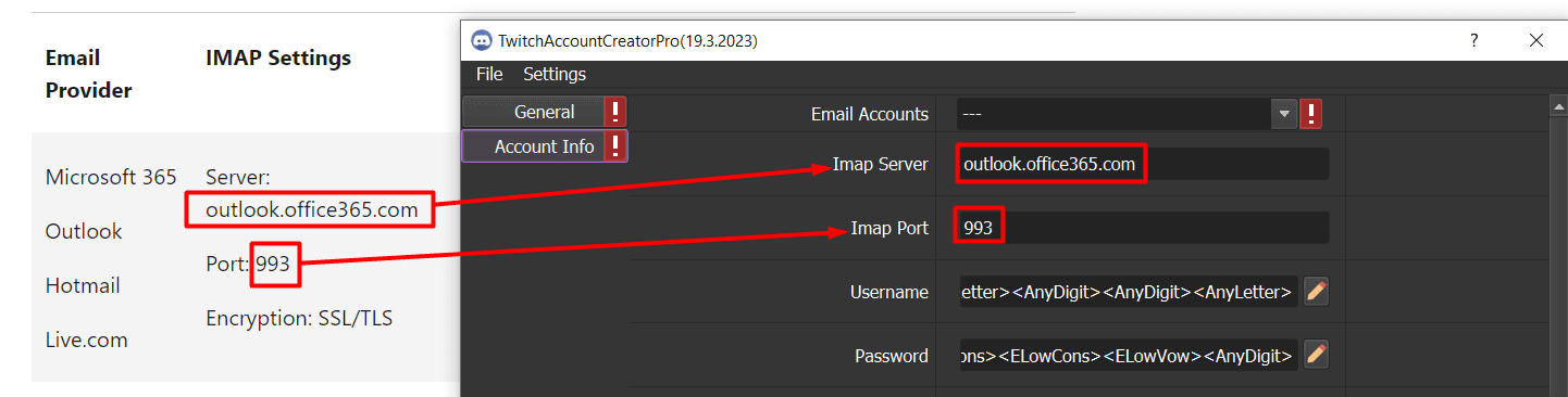 auto create twitch account - imap server - imap port