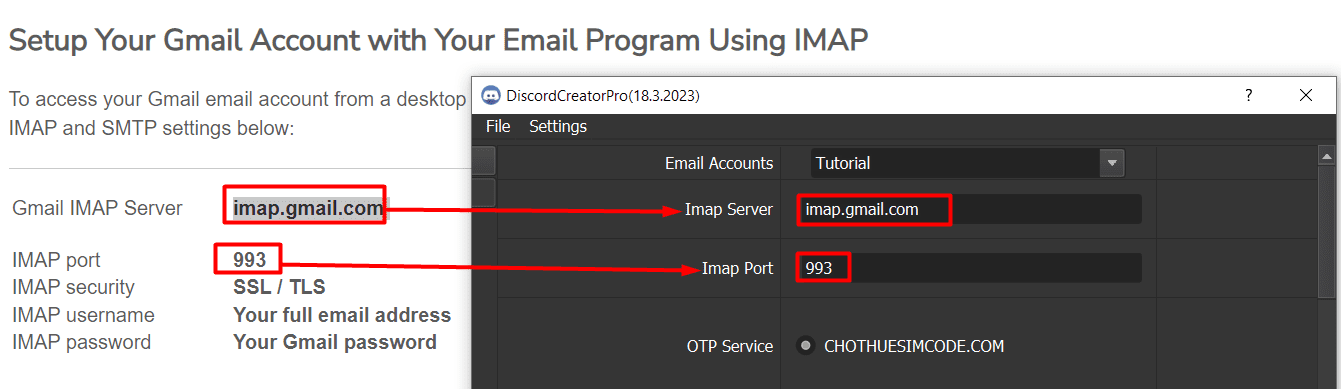 discord account maker - Imap server and Imap Port