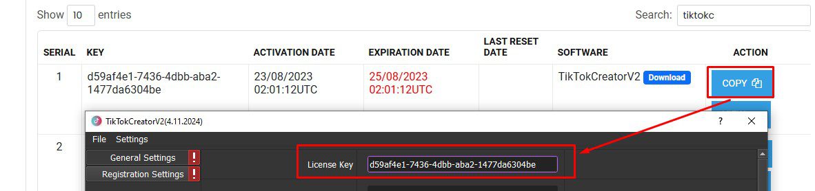 Nhập license key vào phần mềm tạo tài khoản Tiktok