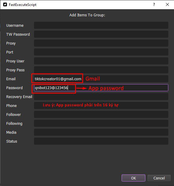 Nhập Gmail vào trong phần mềm tạo nick Twitter