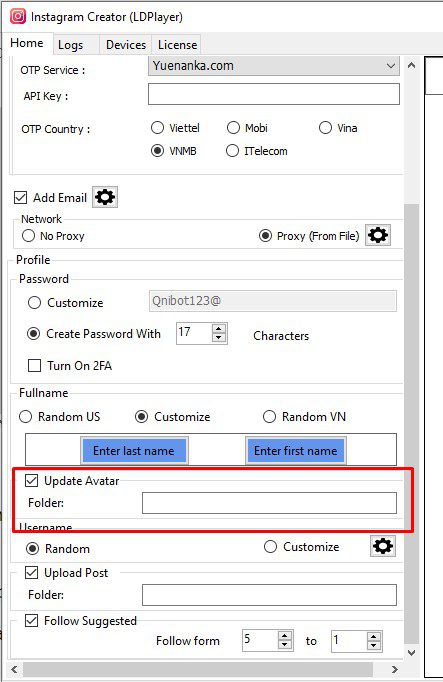Upload avatar - Phần mềm tạo tài khoản Instagram