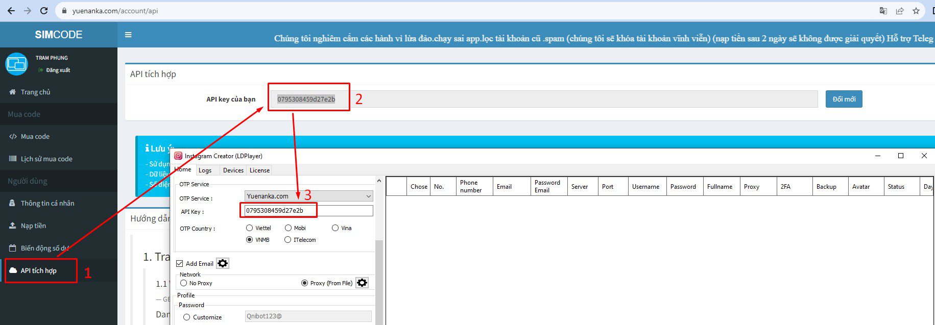 Copy API của website thuê sim