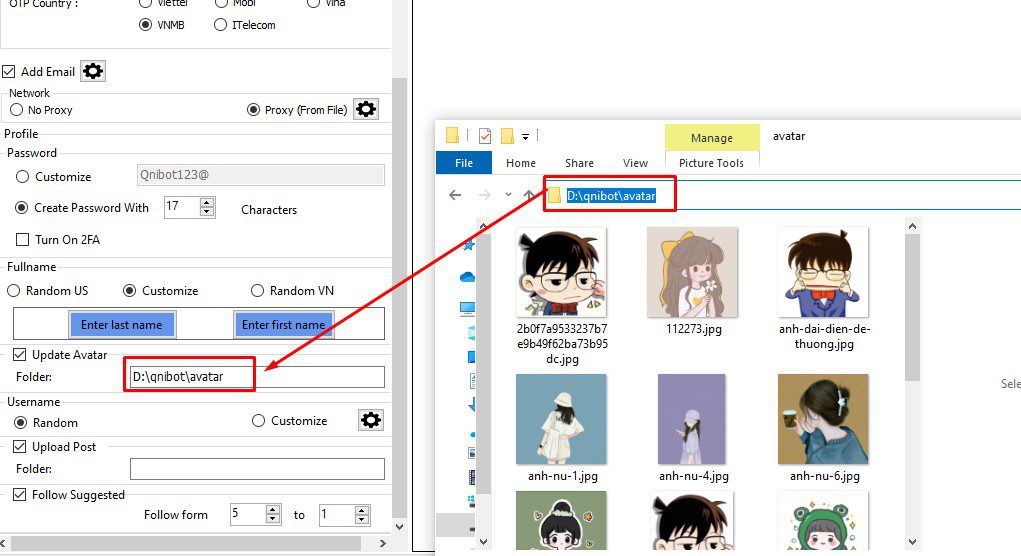 Copy đường dẫn của thư mục lưu hình ảnh vào phần mềm tạo tài khoản Instagram