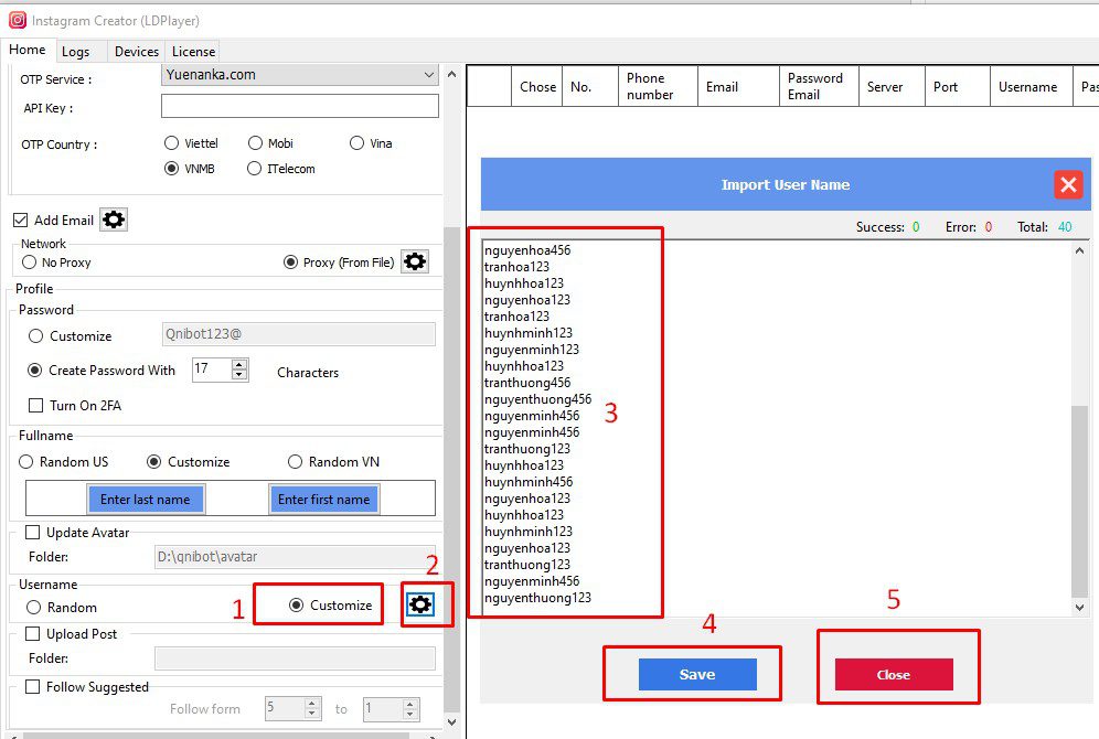 Nhập username vào phần mềm tạo tài khoản Instagram