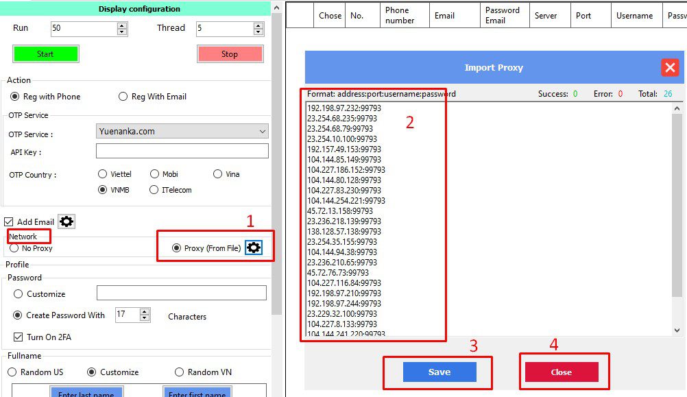 Nhập proxy vào phần mềm tạo tài khoản Instagram