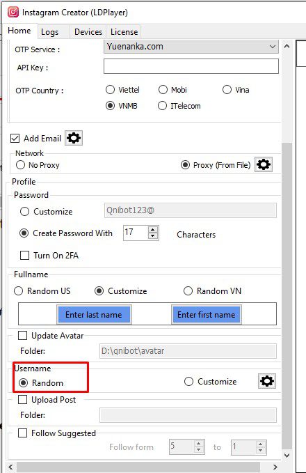 Random username - Phần mềm tạo tài khoản Instagram