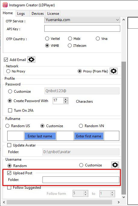 Upload Post - Phần mềm tạo tài khoản Instagram