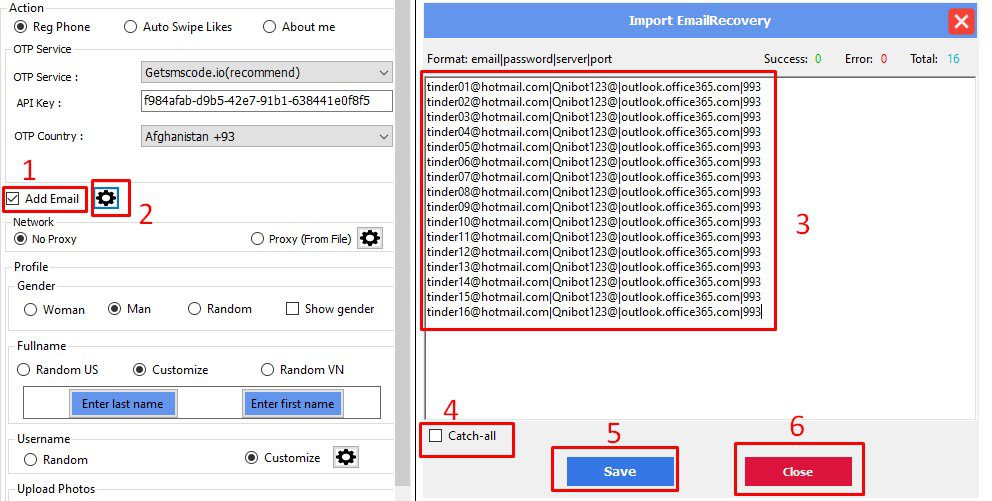 Nhập Email vào phần mềm - Tinder bot