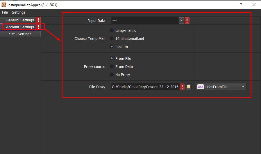 Cài đặt mục Account Settings - Tool kháng Instagram