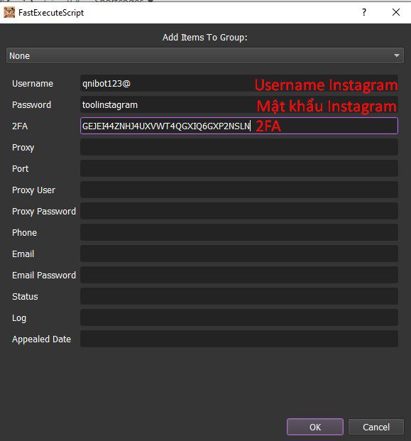 Nhập data thủ công vào tool kháng Instagram