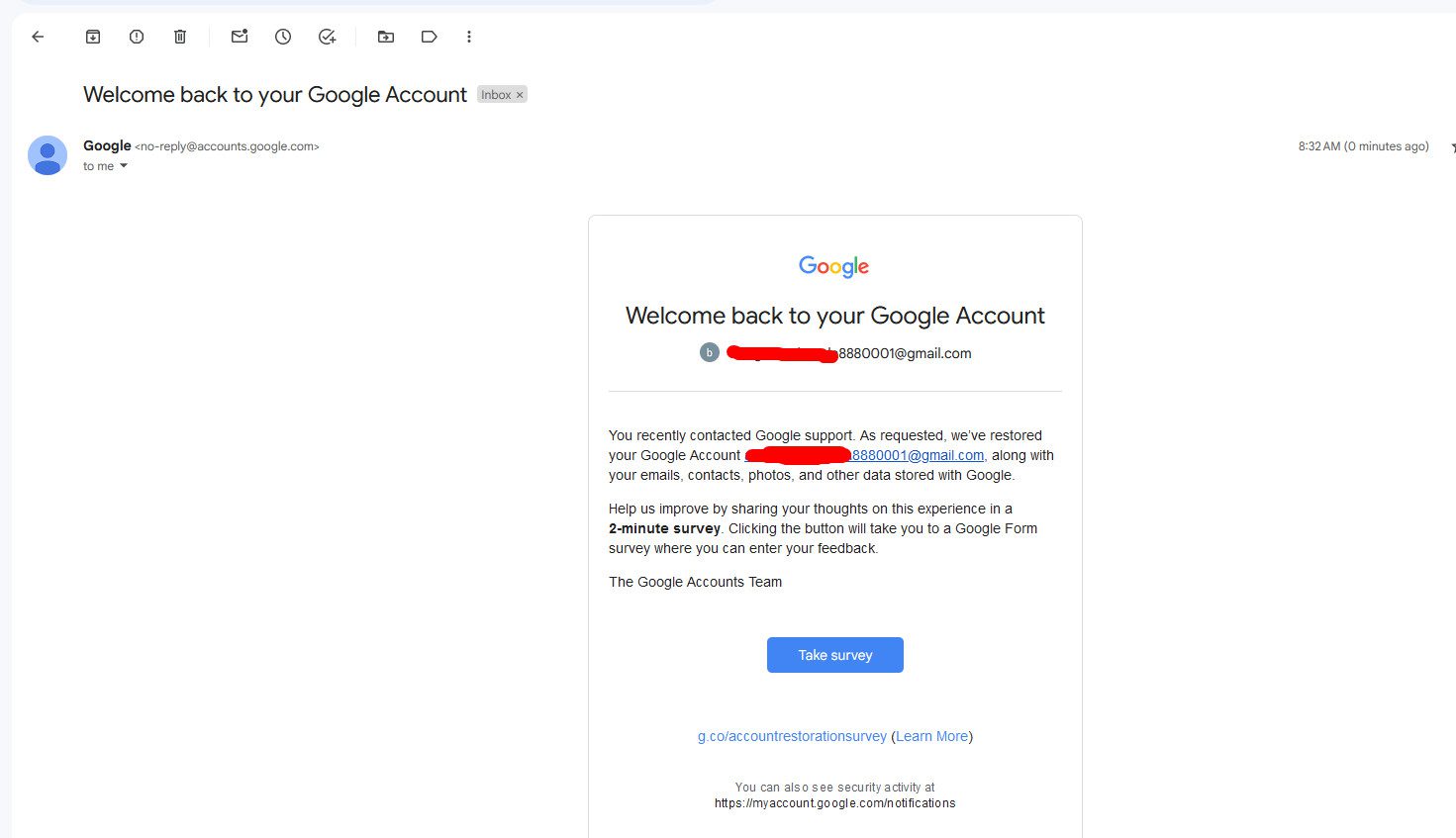gmail auto appeal - appealed successfully - Google gets back to you