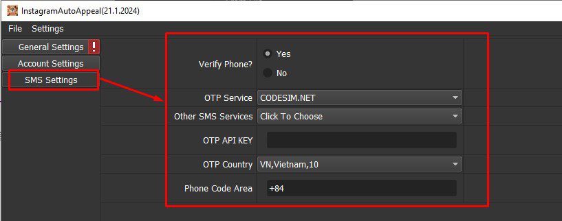 SMS settings - Tool kháng Instagram