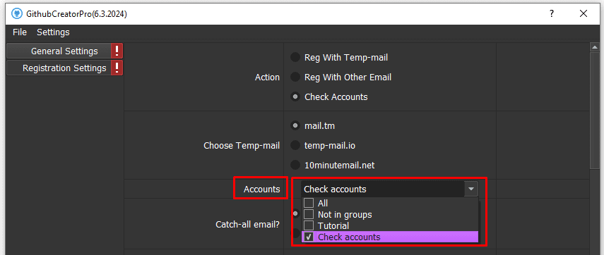 check accounts - choose group - Github account creator