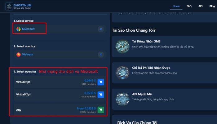 Nhà mạng trong phần mềm thêm số điện thoại Hotmail
