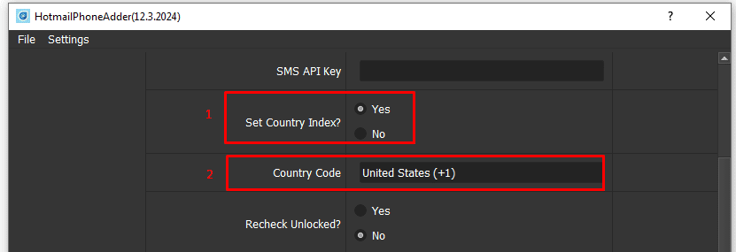 set country index - yes - hotmail phone adder