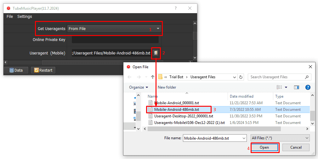get useragent - from file - increase youtube music plays