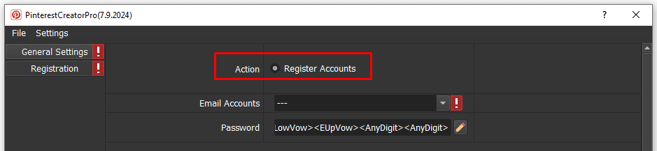 action  - auto create Pinterest accounts