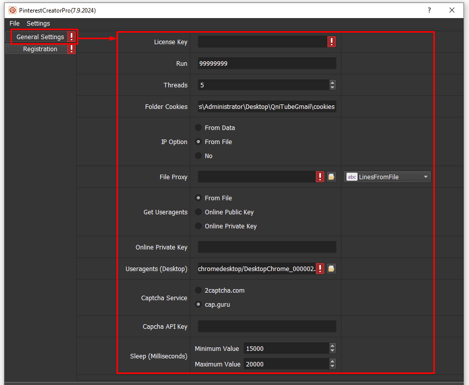 general settings - Pinterest account creator