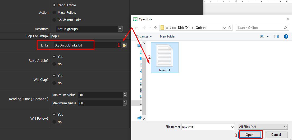 Dẫn file lưu link article vào trong tool auto Medium