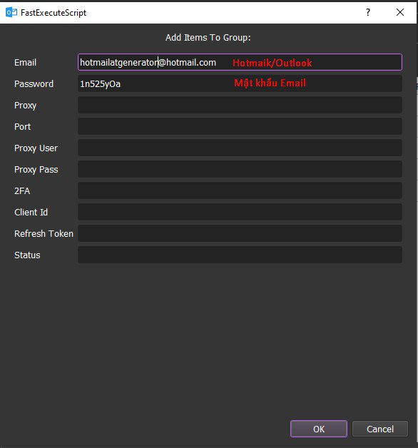 Thông tin tài khoản để nhập vào tool tạo refresh token