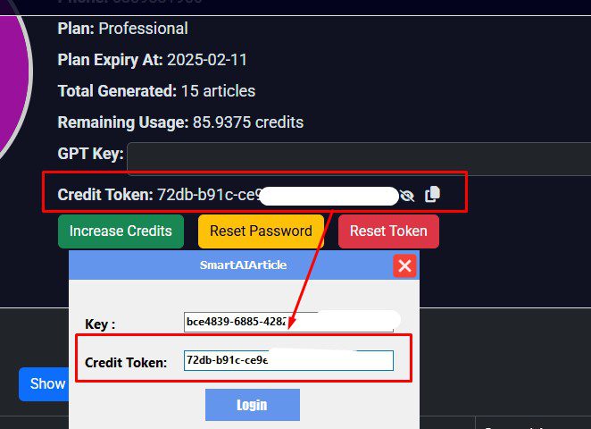 Nhập Credit Token vào phần mềm viết bài SEO