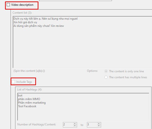 Mô tả và hashtag trong tool Facebook phone farm