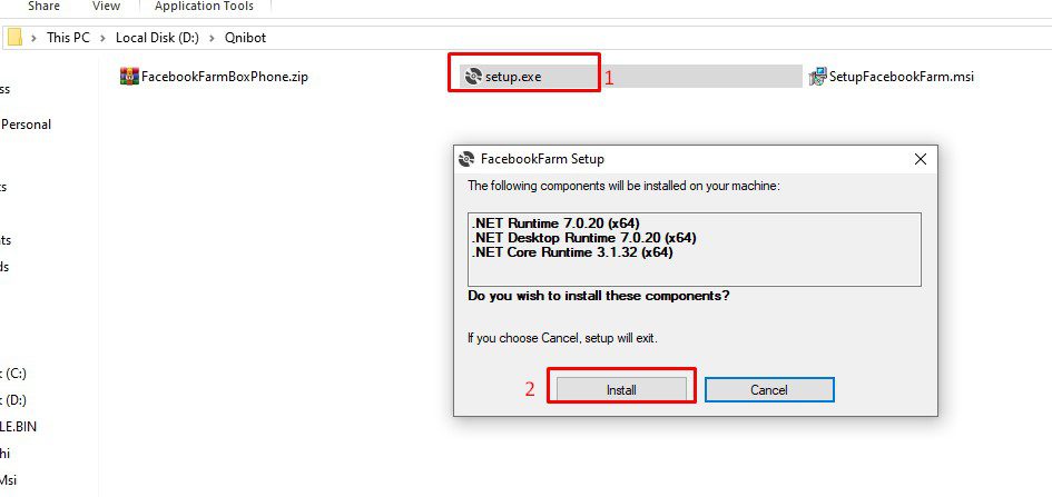 Cài đặt file setup - Phần mềm Facebook phone farm