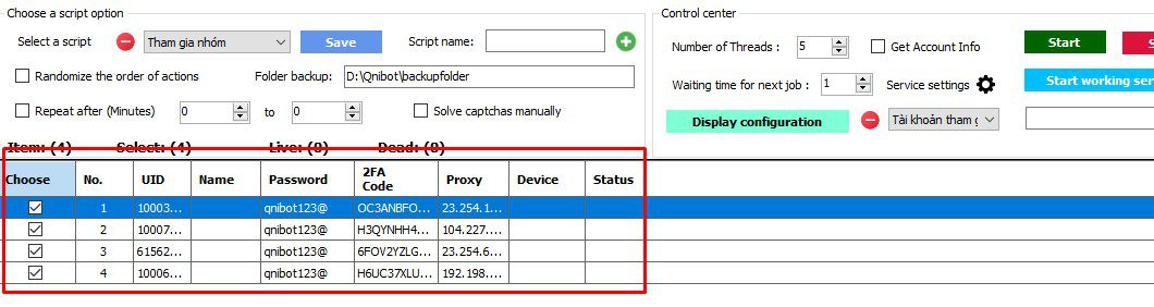 Các tài khoản đã vào phần mềm Facebook phone farm