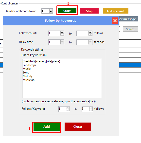 add - follow by keywords - Instagram phone farm