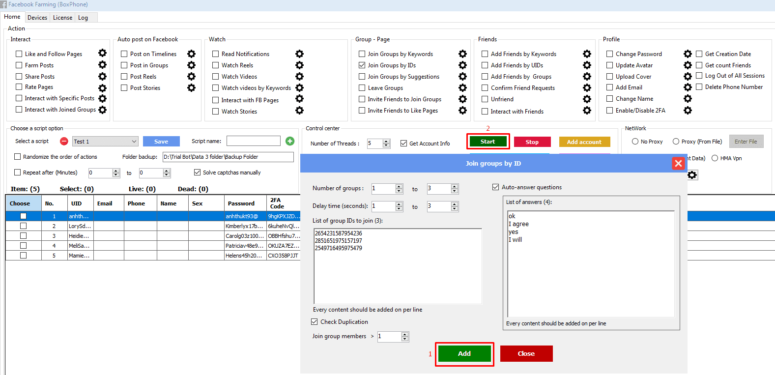 start - join groups by IDs - phone farm bot - facebook bot