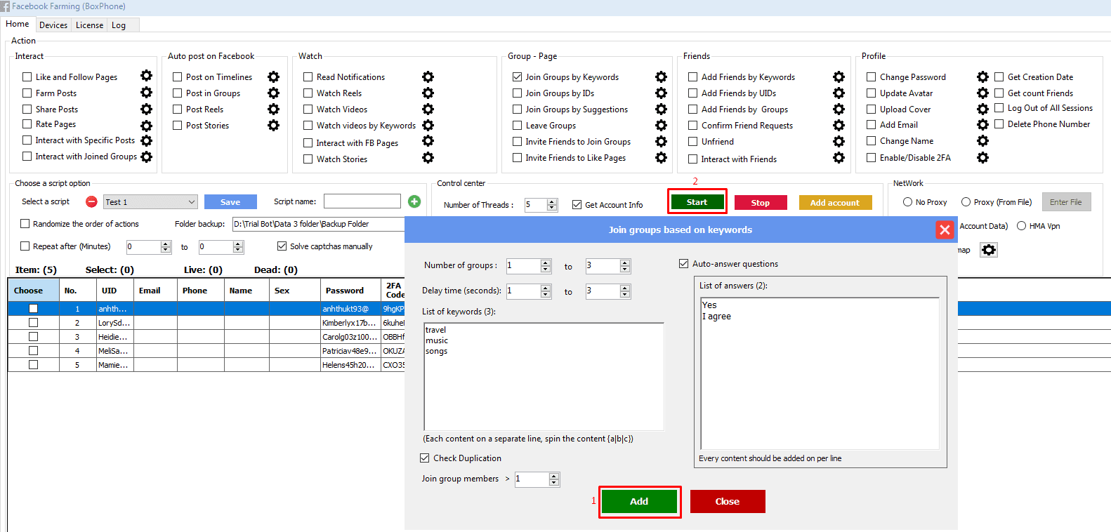 start - join groups by keywords - phone farm bot - facebook bot