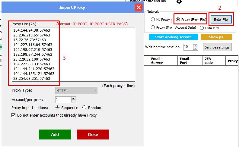 Nhập proxy vào phần mềm Instagram Phone Farm