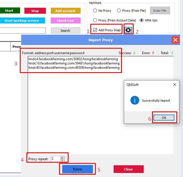 Thêm proxy Imap vào phần mềm Facebook phone farm