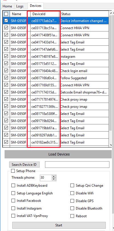 Các thiết bị trong phần mềm Qnigram real phone
