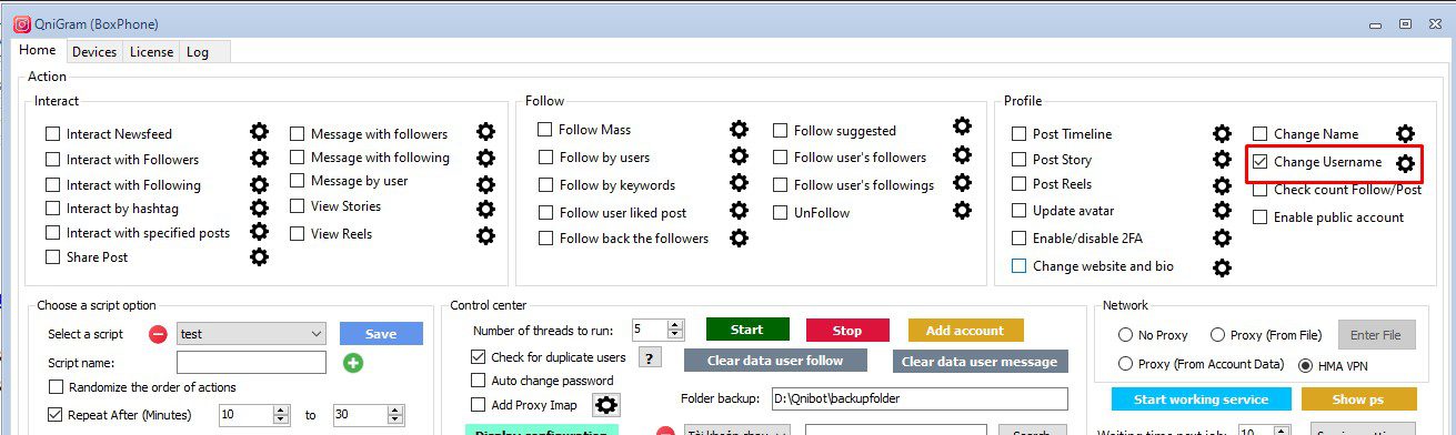 Chức năng đổi username tài khoản trong phần mềm Instagram phone farm