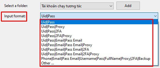 Chọn định dạng tài khoản trong phần mềm Instagram phone farm