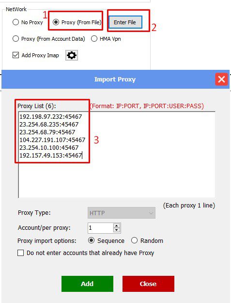 Nhập danh sách proxy vào tool Facebook phone farm
