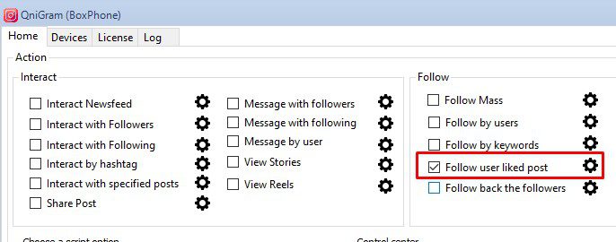 Chức năng follow user likes post - Phần mềm Instagram phone farm